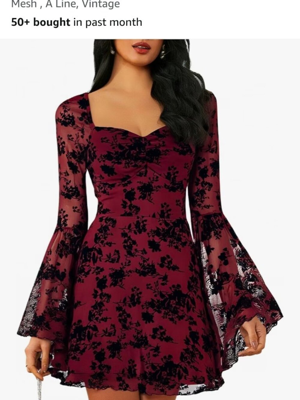 Floral Jacquard Gothic Bell Long Sleeve Dress MAROOON and black (not red)